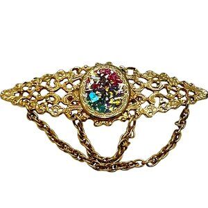 Vtg Gold Tone Filigree Brooch Colorful Mosaic Center & Dangling Chain Accents